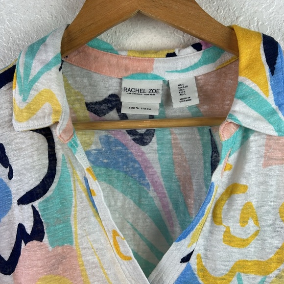 Perfect Rachel Zoe Colorful Floral V-neck Linen Short Sleeve Blouse Women large - Picture 2 of 6